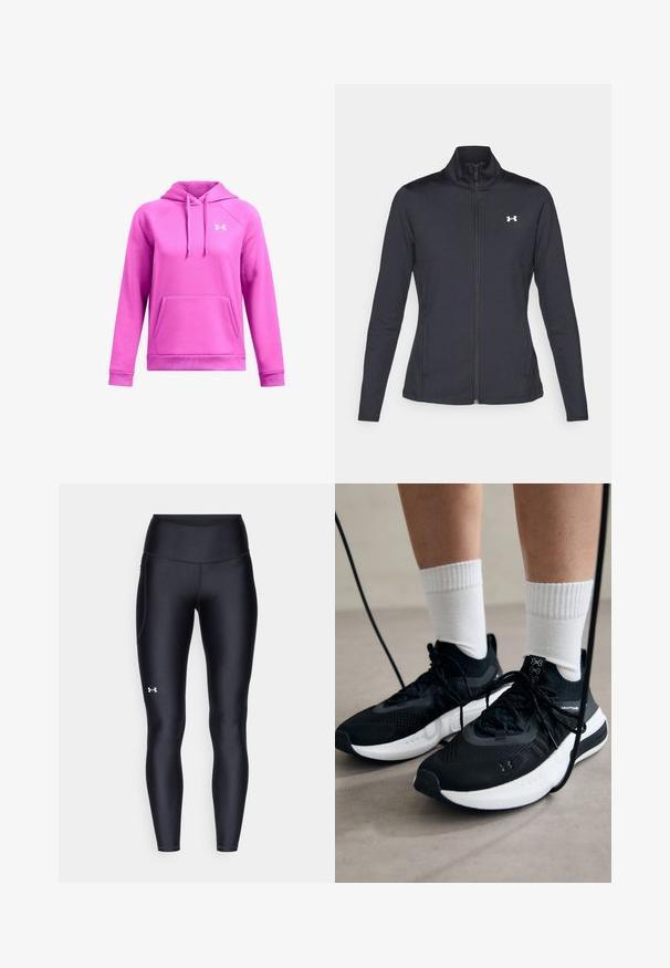 Schwarze Sportjacke aus glattem, dehnbarem Stoff mit hohem Kragen und durchgehendem Reißverschluss, ausgestattet mit einem kleinen weißen Logo auf der oberen linken Seite.; Rosa Kapuzenpullover mit Kängurutasche, gerippten Bündchen und Bund. Mit dem Under Armour Logo auf der Brust. Weicher Stofftextur.; Schwarze Leggings aus glattem, elastischem Material mit einem hohen Bund. Mit einem weißen Logo auf dem linken Oberschenkel und tailliertem Design.; Schwarze Sportschuhe aus strukturiertem Stoff, mit weißer Sohle und schwarzen Schnürsenkeln. Tragen mit weißen gerippten Socken, stehen auf einer hellen Fläche.