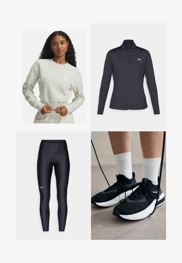 Sort atletisk jakke lavet af glat, strækbart stof med høj krave og fuld lynlås, der har et lille hvidt logo på den øverste venstre side.; Kremfarvet, tekstureret sweatshirt med ribbede manchetter og talje, der har en lille broderet detalje på brystet. Casual, afslappet pasform.; Sorte leggings lavet af glat, strækbart materiale med høj talje. Har et hvidt logo på venstre lår og en tætsiddende design.; Sorte sportssko med tekstureret stof, hvid sål og sorte snørebånd. Båret med hvide ribbede sokker, stående på en lys overflade.