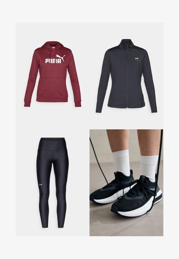 Musta urheilutakki, joka on valmistettu sileästä ja joustavasta kankaasta. Takissa on korkea kaulus ja täysipitkä vetoketju, sekä pieni valkoinen logo vasemmalla ylhäällä.; Burgundin värinen huppari, jossa on suuri valkoinen "PUMA"-logo ja valkoinen kissan siluetti; sisältää etutaskun ja ribbikudotut hihat.; Mustat legginsit, jotka on valmistettu sileästä ja venyvästä materiaalista, korkealla vyötäröllä. Vasemmassa reidessä on valkoinen logo ja istuva muotoilu.; Mustat urheilukengät, joissa on teksturoitua kangasta, valkoiset pohjat ja mustat nauhat. Yhdistetty valkoisten urheilusukkien kanssa, seisten vaalealla pinnalla.