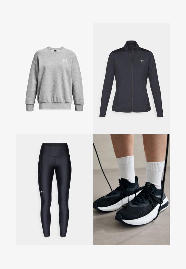 Giacca sportiva nera realizzata in tessuto morbido ed elasticizzato, con colletto alto e zip completa, caratterizzata da un piccolo logo bianco sul lato sinistro superiore.; Felpa grigia realizzata in materiale morbido, con collo tondo, spalle scese, polsini a coste e un piccolo logo bianco sul lato sinistro del petto.; Leggings neri realizzati in materiale morbido e stretch con vita alta. Presentano un logo bianco sulla coscia sinistra e un design aderente.; Scarpe sportive nere con tessuto testurizzato, suola bianca e lacci neri. Indossate con calzini bianchi a costine, in piedi su una superficie chiara.
