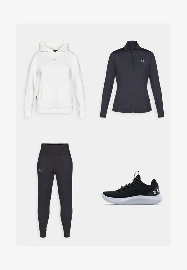 Giacca sportiva nera realizzata in tessuto morbido ed elasticizzato, con colletto alto e zip completa, caratterizzata da un piccolo logo bianco sul lato sinistro superiore.; Felpa bianca realizzata in un morbido tessuto, con tasca a marsupio. Presenta un piccolo logo viola sul petto e polsini e orlo a coste.; Leggings atletici neri realizzati in materiale elastico, con un alto giro vita, tasche laterali e polsini aderenti alla caviglia.; Scarpe sportive nere con una tomaia in mesh traspirante, dettagli testurizzati e una suola in gomma bianca. Presentano lacci piatti e un passante sul tallone.