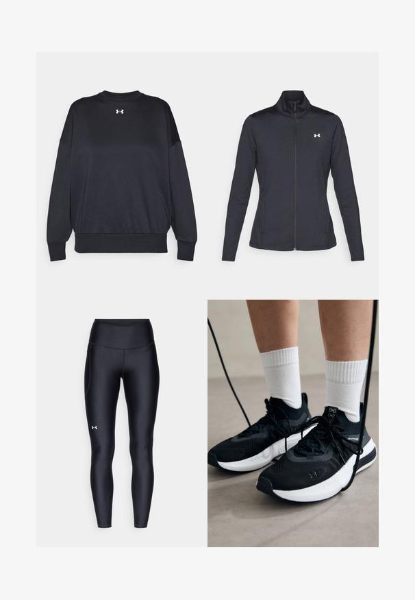 Czarna sportowa kurtka z gładkiego, elastycznego materiału, z wysokim kołnierzem i pełnym zamkiem, z małym białym logo na górnej lewej stronie.; Czarny sweatshirt z długimi rękawami i okrągłym dekoltem. Posiada białe logo na klatce piersiowej oraz ściągacze przy rękawach i na dole. Miękka tekstura materiału.; Czarne legginsy wykonane z gładkiego, elastycznego materiału z wysokim stanem. Posiadają białe logo na lewym udzie oraz dopasowany krój.; Czarne buty sportowe z teksturowanym materiałem, białą podeszwą i czarnymi sznurowadłami. Nosi je osoba w białych skarpetkach w prążki, stojąca na jasnej powierzchni.