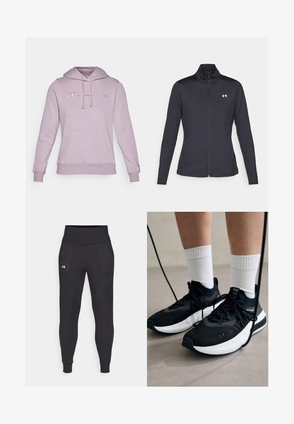 Black athletic jacket made of smooth, stretchy fabric with a high collar and full zipper, featuring a small white logo on the upper left side.; Lavender hoodie with a drawstring hood, front pocket, and embroidered "Champion" logo on the chest. Soft fabric and ribbed cuffs.; Black athletic leggings made from stretchy material, featuring a high waistband, side pockets, and fitted cuffs at the ankle.; Black athletic shoes with textured fabric, white sole, and black laces. Worn with white ribbed socks, standing on a light surface.