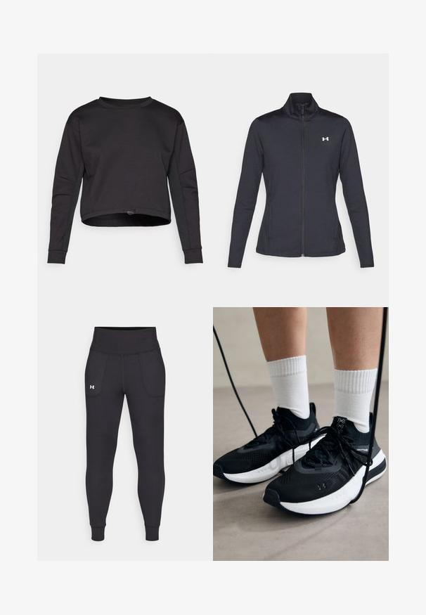 Veste de sport noire en tissu lisse et extensible avec un col montant et une fermeture éclair intégrale, arborant un petit logo blanc sur le côté supérieur gauche.; Sweatshirt noir avec un design court, des manches longues, un col rond et des accents sur les panneaux latéraux. Fabriqué en matériau doux et extensible. Cordon ajustable à l'ourlet.; Leggings de sport noirs en matière extensible, avec une taille haute, des poches latérales et des poignets ajustés au niveau des chevilles.; Chaussures de sport noires en tissu texturé, avec une semelle blanche et des lacets noirs. Portées avec des chaussettes blanches côtelées, debout sur une surface claire.