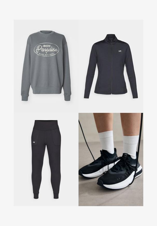 Černá sportovní bunda vyrobená z hladké a elastické textilie, s vysokým límcem a plným zipem, která má malé bílé logo na levé horní části.; Šedá mikina s kulatým výstřihem, dlouhými rukávy, žebrovanými manžetami a centrálním potiskem s nápisem "IRON Paradise MADE NOT BORN."; Černé sportovní legíny vyrobené z elastického materiálu, s vysokým pasem, bočními kapsami a úzkými manžetami na kotnících.; Černé sportovní boty s texturovanou tkaninou, bílou podrážkou a černými tkaničkami. Nosené s bílými žebrovanými ponožkami, stojící na světlém povrchu.