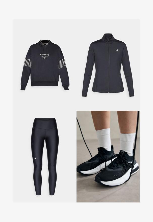 Giacca sportiva nera realizzata in tessuto morbido ed elasticizzato, con colletto alto e zip completa, caratterizzata da un piccolo logo bianco sul lato sinistro superiore.; Felpa con cappuccio di un blu scuro, realizzata in misto cotone, con logo frontale e strisce orizzontali bianche sulle maniche. Vestibilità regolare e cappuccio regolabile con cordino.; Leggings neri realizzati in materiale morbido e stretch con vita alta. Presentano un logo bianco sulla coscia sinistra e un design aderente.; Scarpe sportive nere con tessuto testurizzato, suola bianca e lacci neri. Indossate con calzini bianchi a costine, in piedi su una superficie chiara.
