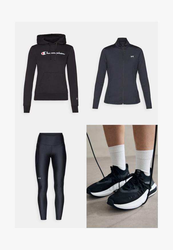 Juodas sportinis švarkas, pagamintas iš lygios, elastingos medžiagos, su aukštu apykakle ir pilnu užtrauktuku, su maža balta logo kairiajame viršutiniame kampe.; Juodas gobtuvėlis, pagamintas iš minkštos medžiagos, su raišteliu reguliuojamu gobtuvu, priekiniais kengūros kišenėmis ir balta išsiuvinėta "Champion" logotipu per krūtinę.; Juodos leggingai, pagaminti iš lygaus, elastingo audinio su aukštu juosmeniu. Kairiajame šlaunyje yra baltas logotipas ir tvirta konstrukcija.; Juodi sportiniai batai su tekstūruotu audiniu, balta padu ir juodais raiščiais. Dėvimi su baltais raištiniais kojiniais, stovint lengvame paviršiuje.