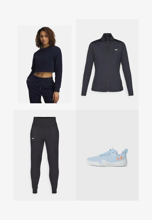 Zwarte sportjack gemaakt van glad, rekbaar materiaal met een hoge kraag en een volledige ritssluiting, met een klein wit logo op de bovenste linkerkant.; Marineblauwe cropped sweatshirt van zachte stof met lange mouwen, voorzien van een ronde halslijn en subtiele geborduurde details. Gecombineerd met bijpassende broek.; Zwarte sportleggings van rekbaar materiaal, met een hoge tailleband, zijzakken en aansluitende boorden bij de enkels.; Lichtblauwe sportschoen gemaakt van mesh-materiaal met een gestructureerde zool, voorzien van een oranje logo en vetersluiting.