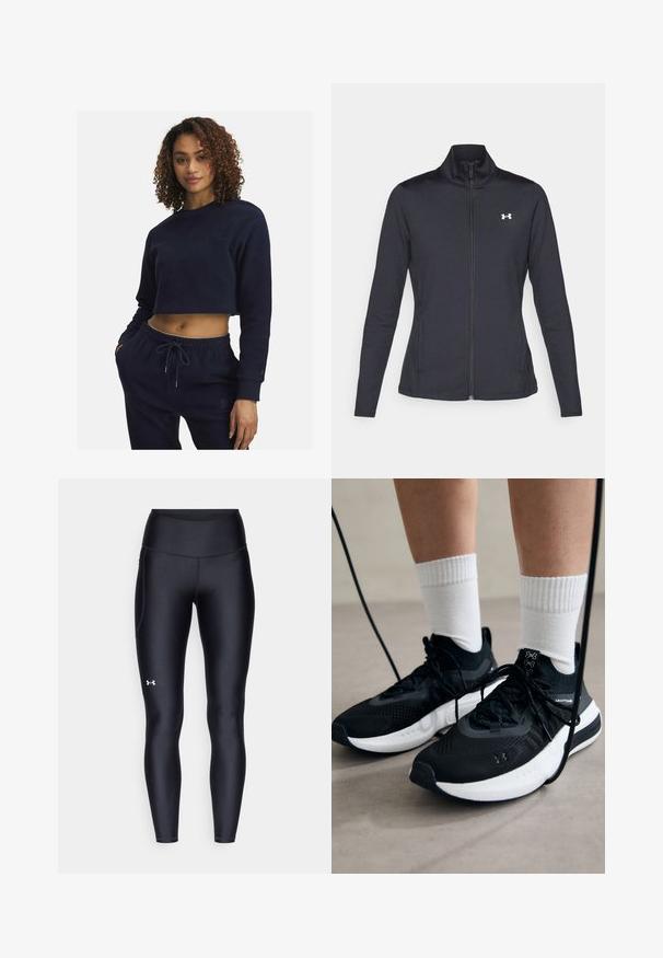 Zwarte sportjack gemaakt van glad, rekbaar materiaal met een hoge kraag en een volledige ritssluiting, met een klein wit logo op de bovenste linkerkant.; Marineblauwe cropped sweatshirt van zachte stof met lange mouwen, voorzien van een ronde halslijn en subtiele geborduurde details. Gecombineerd met bijpassende broek.; Zwarte leggings van glad, rekbaar materiaal met een hoge tailleband. Heeft een wit logo op de linkerdij en een aansluitend ontwerp.; Zwarte sportschoenen van gestructureerde stof, met een witte zool en zwarte veters. Draag ze met witte geribde sokken, staand op een lichte ondergrond.