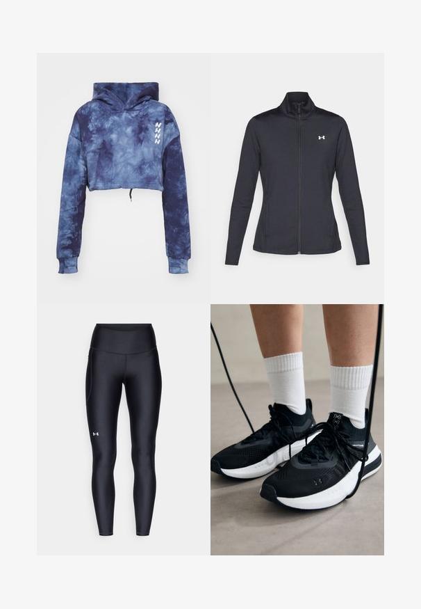 Melnās sporta jakas izgatavotas no gludas, elastīgas auduma ar augstu apkakli un pilnu rāvējslēdzēju, ar nelielu baltu logo augšējā kreisajā pusē.; Nebbia RE-FRESH - Džemperis ar kapuci - blue; Melnas leginses, kas izgatavotas no gluda, elastīga materiāla ar augstām jostām. Ir balta logo kreisajā augšstilbā un pieguļoša piegriezuma dizains.; Melni sporta apavi ar strukturētu audumu, balta zole un melni šņores. Valkāti ar baltām ribotām zeķēm, stāvot uz gaišas virsmas.