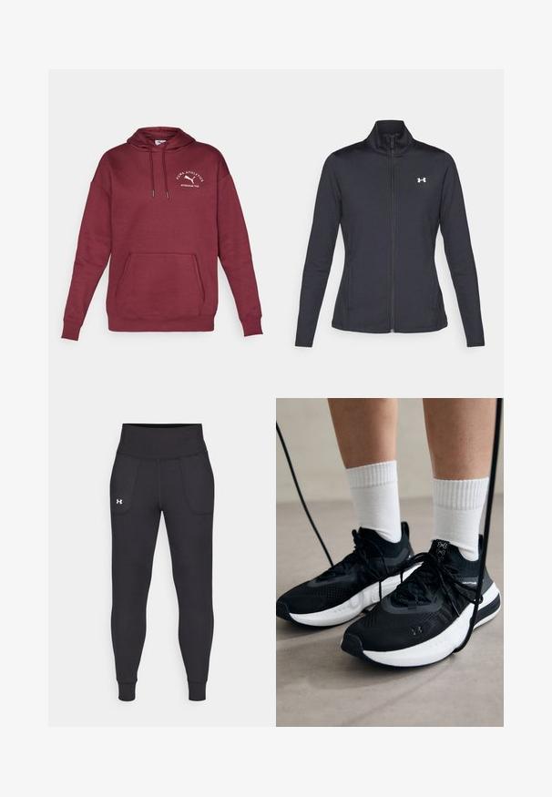 Fekete sportos dzseki sima, rugalmas anyagból, magas gallérral és teljes cipzárral, az elülső bal oldalon egy kis fehér logóval.; Bordó kapucnis pulóver pamutkeverékből, kenguruzsebbel, állítható kapucnival és hímzett logóval a mellrészen. Sima textúra.; Fekete sportleggings rugalmas anyagból, magas derékfűzéssel, oldalsó zsebekkel és szűkített szárakkal a bokán.; Fekete sportcipők textúrált anyagból, fehér talppal és fekete fűzőkkel. Fehér bordázott zoknikkal viselve, világos felületen állva.