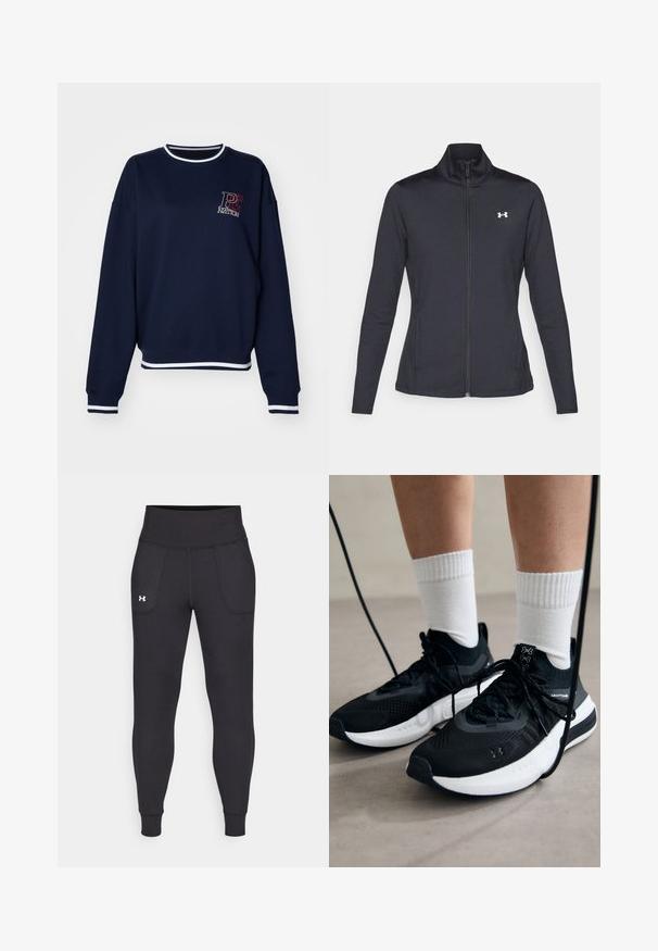 Chaqueta deportiva negra hecha de una tela suave y elástica, con cuello alto y cremallera completa, que presenta un pequeño logo blanco en la parte superior izquierda.; Sudadera azul marino de tejido suave, con cuello redondo, ribete blanco y un logo impreso en el pecho. Mangas largas.; Leggings deportivos negros hechos de material elástico, con una cintura alta, bolsillos laterales y puños ajustados en el tobillo.; Zapatillas deportivas negras con tela texturizada, suela blanca y cordones negros. Llevadas con calcetines blancos de canalé, de pie sobre una superficie clara.