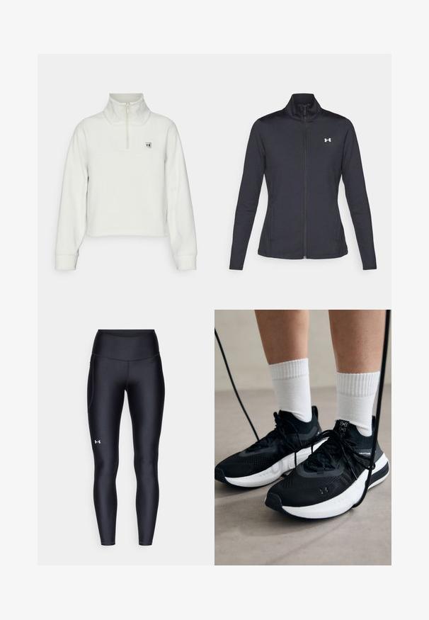 Schwarze Sportjacke aus glattem, dehnbarem Stoff mit hohem Kragen und durchgehendem Reißverschluss, ausgestattet mit einem kleinen weißen Logo auf der oberen linken Seite.; Under Armour Expanse Fleece - Fleecepullover - summit white; Schwarze Leggings aus glattem, elastischem Material mit einem hohen Bund. Mit einem weißen Logo auf dem linken Oberschenkel und tailliertem Design.; Schwarze Sportschuhe aus strukturiertem Stoff, mit weißer Sohle und schwarzen Schnürsenkeln. Tragen mit weißen gerippten Socken, stehen auf einer hellen Fläche.