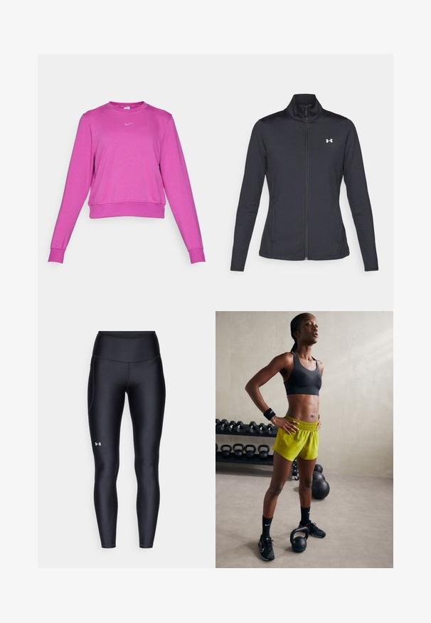 Veste de sport noire en tissu lisse et extensible avec un col montant et une fermeture éclair intégrale, arborant un petit logo blanc sur le côté supérieur gauche.; Sweatshirt rose court avec des manches longues, un col rond, un ourlet droit et un petit logo gris à l'avant. Tissu tricoté doux.; Leggings noirs en matière lisse et extensible avec une taille haute. Présentent un logo blanc sur la cuisse gauche et un design ajusté.; Soutien-gorge de sport noir, shorts jaunes éclatants avec une ceinture élastique, chaussures de sport noires et bandeaux, se tenant à côté de kettlebells.