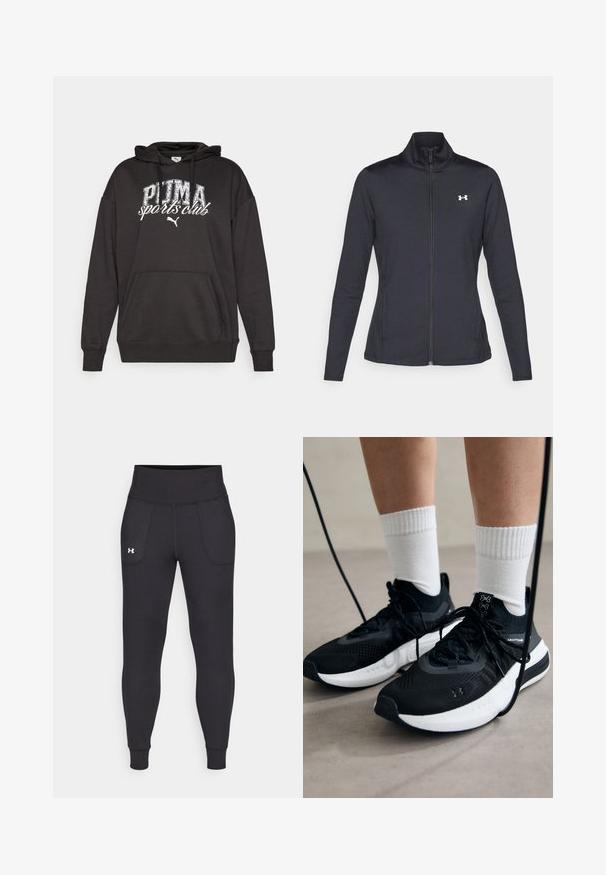 Veste de sport noire en tissu lisse et extensible avec un col montant et une fermeture éclair intégrale, arborant un petit logo blanc sur le côté supérieur gauche.; Haut à capuche noir avec poche kangourou, arborant un graphisme et un logo "PUMA sports club" en blanc. Fabriqué en tissu de sweat doux avec une coupe décontractée.; Leggings de sport noirs en matière extensible, avec une taille haute, des poches latérales et des poignets ajustés au niveau des chevilles.; Chaussures de sport noires en tissu texturé, avec une semelle blanche et des lacets noirs. Portées avec des chaussettes blanches côtelées, debout sur une surface claire.