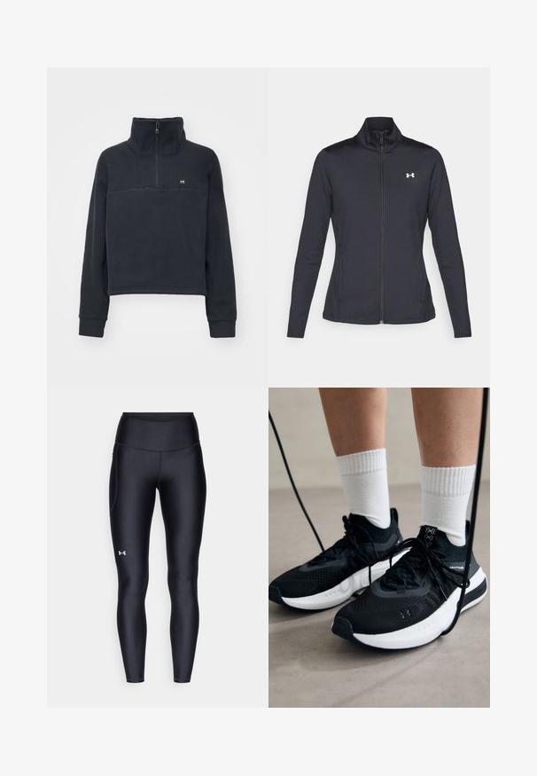Črna atletska jakna iz gladkega, raztegljivega blaga z visokim ovratnikom in polnim zadrgo, ki ima majhen bel logotip na zgornji levi strani.; Under Armour Expanse Fleece - Pulover iz flisa - black; Črne pajkice iz gladkega, elastičnega materiala z visokim pasom. Imajo bel logotip na levem stegnu in oprijet kroj.; Črne športne čevlje z strukturirano tkanino, belo podplatom in črnimi vezalkami. Nosi se z belimi rebrastimi nogavicami, stoje na svetli površini.