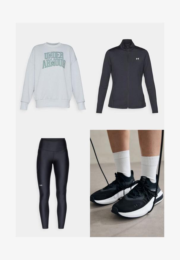 Black athletic jacket made of smooth, stretchy fabric with a high collar and full zipper, featuring a small white logo on the upper left side.; Light grey sweatshirt made of cotton blend, featuring a ribbed crew neck, dropped shoulders, and bold green "UNDER ARMOUR" text across the front.; Black leggings made of smooth, stretchy material with a high waistband. Features a white logo on the left thigh and fitted design.; Black athletic shoes with textured fabric, white sole, and black laces. Worn with white ribbed socks, standing on a light surface.