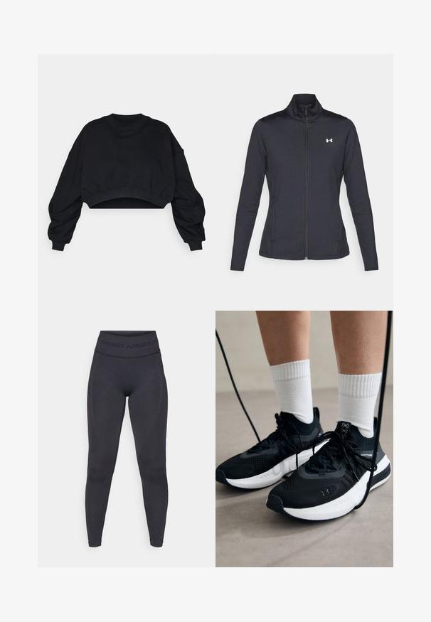 Black athletic jacket made of smooth, stretchy fabric with a high collar and full zipper, featuring a small white logo on the upper left side.; Black cropped sweatshirt with long, voluminous sleeves and a round neckline. Made of soft cotton material, featuring ribbed cuffs and hem.; Black leggings with a high elastic waistband featuring "UNDER ARMOUR" text. Smooth texture with subtle pattern accents along the legs.; Black athletic shoes with textured fabric, white sole, and black laces. Worn with white ribbed socks, standing on a light surface.