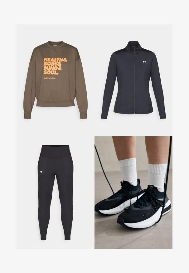 Giacca sportiva nera realizzata in tessuto morbido ed elasticizzato, con colletto alto e zip completa, caratterizzata da un piccolo logo bianco sul lato sinistro superiore.; Sweatshirt marrone con maniche lunghe, colletto rotondo e polsini a costine. Presenta un grande testo arancione: "SALUTE & CORPO & MENTE & ANIMA." Marchio BJÖRN BORG.; Leggings atletici neri realizzati in materiale elastico, con un alto giro vita, tasche laterali e polsini aderenti alla caviglia.; Scarpe sportive nere con tessuto testurizzato, suola bianca e lacci neri. Indossate con calzini bianchi a costine, in piedi su una superficie chiara.