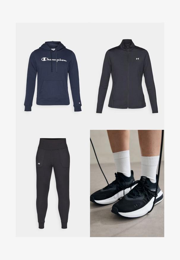 Veste de sport noire en tissu lisse et extensible avec un col montant et une fermeture éclair intégrale, arborant un petit logo blanc sur le côté supérieur gauche.; Sweat-shirt à capuche bleu marine en tissu doux. Présente une poche kangourou, une capuche avec cordon de serrage, et un logo "Champion" blanc bien visible sur le devant.; Leggings de sport noirs en matière extensible, avec une taille haute, des poches latérales et des poignets ajustés au niveau des chevilles.; Chaussures de sport noires en tissu texturé, avec une semelle blanche et des lacets noirs. Portées avec des chaussettes blanches côtelées, debout sur une surface claire.