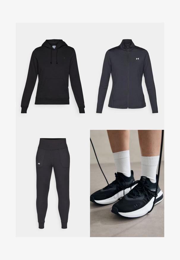 Μαύρο αθλητικό μπουφάν φτιαγμένο από λείο, ελαστικό ύφασμα με ψηλό γιακά και πλήρως φερμουάρ, με μια μικρή λευκή λογότυπο στην επάνω αριστερή πλευρά.; Μαύρη φούτερ κουκούλα φτιαγμένη από μαλακό ύφασμα. Διαθέτει κουκούλα με κορδόνι, τσέπη καγκουρό, ribbed μανίκια και ένα μικρό λογότυπο στο στήθος.; Μαύρα αθλητικά κολάν κατασκευασμένα από ελαστικό υλικό, με ψηλή μέση, πλαϊνές τσέπες και στενές μανσέτες στον αστράγαλο.; Μαύρα αθλητικά παπούτσια με υφασμάτινη υφή, λευκή σόλα και μαύρα κορδόνια. Φορεμένα με λευκές ριγέ κάλτσες, στέκονται σε ελαφριά επιφάνεια.