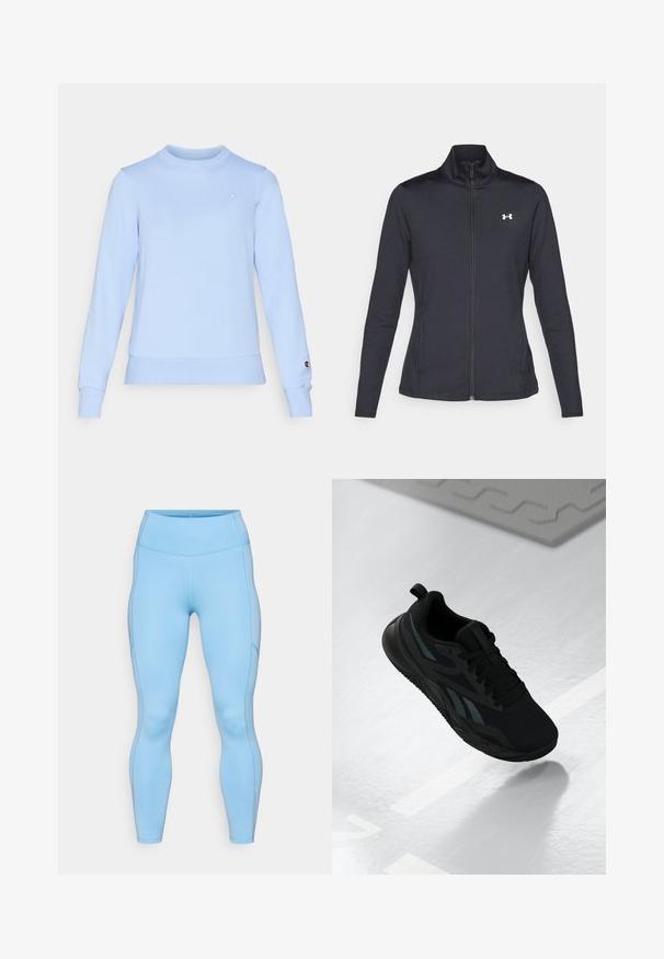 Fekete sportos dzseki sima, rugalmas anyagból, magas gallérral és teljes cipzárral, az elülső bal oldalon egy kis fehér logóval.; Világoskék pulcsi puha anyagból, hosszú ujjakkal és kerek nyakkivágással. Kis logóval rendelkezik a mellkasán és az ujjhúzón.; Világoskék, rugalmas anyagból készült leggings. Magas derékkal, sima textúrával és ívelt varratokkal rendelkezik a lábak mentén.; Fekete sportcipő hálós felső résszel, textúrált részletekkel és lapos talppal. Tonális logóval és húzófüllel a sarkán.