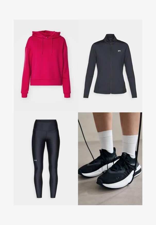 Veste de sport noire en tissu lisse et extensible avec un col montant et une fermeture éclair intégrale, arborant un petit logo blanc sur le côté supérieur gauche.; ONLY Play ONPLOUNGE LIFE HOOD - Sweat à capuche - granita; Leggings noirs en matière lisse et extensible avec une taille haute. Présentent un logo blanc sur la cuisse gauche et un design ajusté.; Chaussures de sport noires en tissu texturé, avec une semelle blanche et des lacets noirs. Portées avec des chaussettes blanches côtelées, debout sur une surface claire.
