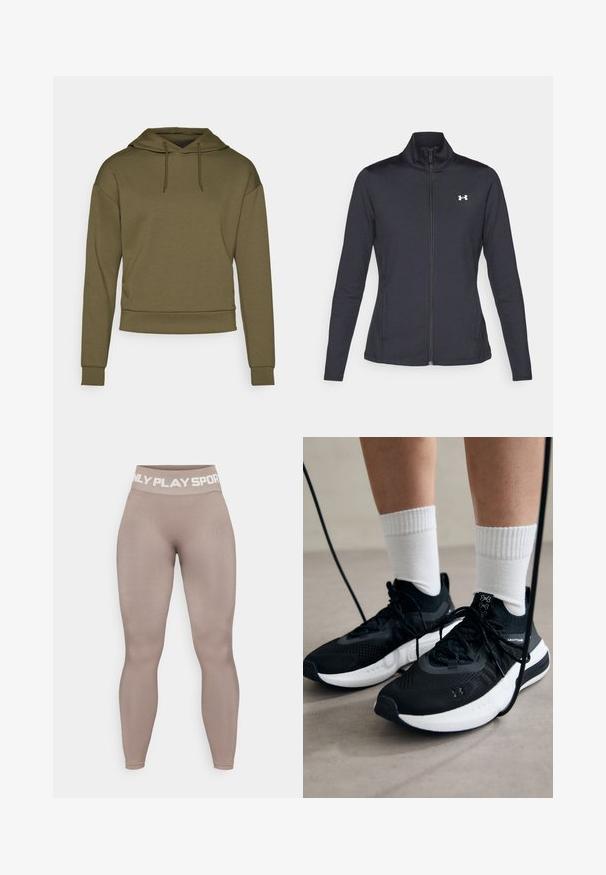 Veste de sport noire en tissu lisse et extensible avec un col montant et une fermeture éclair intégrale, arborant un petit logo blanc sur le côté supérieur gauche.; ONLY Play ONPLOUNGE LIFE HOOD - Sweat à capuche - kalamata; Leggings taille haute couleur beige en tissu extensible avec une texture lisse ; comportent des lettres blanches sur la taille indiquant "ONLY PLAY SPORT."; Chaussures de sport noires en tissu texturé, avec une semelle blanche et des lacets noirs. Portées avec des chaussettes blanches côtelées, debout sur une surface claire.