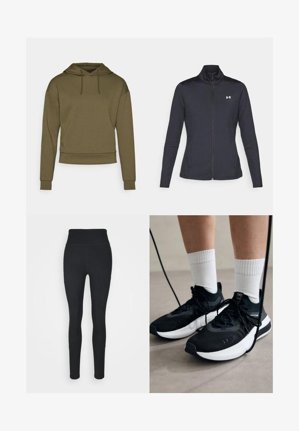 Melnās sporta jakas izgatavotas no gludas, elastīgas auduma ar augstu apkakli un pilnu rāvējslēdzēju, ar nelielu baltu logo augšējā kreisajā pusē.; ONLY Play ONPLOUNGE LIFE HOOD - Džemperis ar kapuci - kalamata; Melnas legingi, izgatavoti no elastīga auduma, ar augstu jostasvietu, ribotām paneļiem sānos un pieguļošu dizainu, kas pieguļ potītēm.; Melni sporta apavi ar strukturētu audumu, balta zole un melni šņores. Valkāti ar baltām ribotām zeķēm, stāvot uz gaišas virsmas.