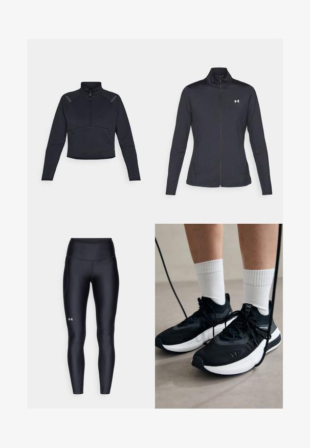 Svart treningsjakke laget av glatt, elastisk stoff med høy krage og hel glidelås, med en liten hvit logo på øvre venstre side.; Mørk marineblå treningspullover med høy krage, glidelås og lange ermer. Har kontrastpaneler på skuldrene og en kort design.; Sorte leggings laget av glatt, elastisk materiale med høy midje. Har en hvit logo på venstre lår og en tettsittende design.; Svarte treningssko med teksturert stoff, hvit såle og svarte snøringer. Brukt med hvite ribbestrikkede sokker, stående på en lys overflate.