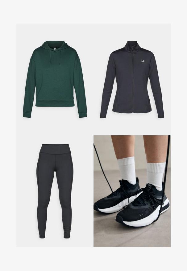 Casaco atlético preto feito de um tecido liso e elástico, com gola alta e zíper completo, apresentando um pequeno logótipo branco no canto superior esquerdo.; Hoodie verde feito de tecido macio, com capuz ajustável, mangas longas e um corte relaxado. Textura suave com punhos canelados.; Leggings pretos feitos de material elástico, com uma cintura alta, design elegante e detalhes de riscas perto do tornozelo.; Sapatilhas desportivas pretas com tecido texturizado, sola branca e atacadores pretos. Usadas com meias brancas caneladas, a pé sobre uma superfície clara.