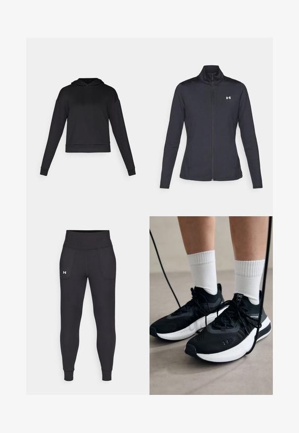 Čierna športová bunda vyrobená z hladkého, elastického materiálu s vysokým golierom a plným zipsom, s malým bielym logom na hornej ľavej strane.; Čierna mikina s kapucňou, vyrobená z mäkkej tkaniny. Má dlhé rukávy, predné vrecko a rebrovaný lem. Bez viditeľných vzorov alebo kovania.; Čierne športové legíny vyrobené z elastického materiálu, s vysokým pásom, bočnými vreckami a priliehajúcimi manžetami na členkoch.; Čierne športové topánky s textúrovanou tkaninou, bielou podrážkou a čiernymi šnúrkami. Nosené s bielymi rebrovanými ponožkami, postavené na svetlom povrchu.