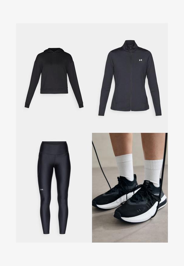 Sort atletisk jakke lavet af glat, strækbart stof med høj krave og fuld lynlås, der har et lille hvidt logo på den øverste venstre side.; Sort hættetrøje lavet af blødt stof. Har lange ærmer, en frontlomme og ribbede kanter. Ingen synlige mønstre eller metaldele.; Sorte leggings lavet af glat, strækbart materiale med høj talje. Har et hvidt logo på venstre lår og en tætsiddende design.; Sorte sportssko med tekstureret stof, hvid sål og sorte snørebånd. Båret med hvide ribbede sokker, stående på en lys overflade.
