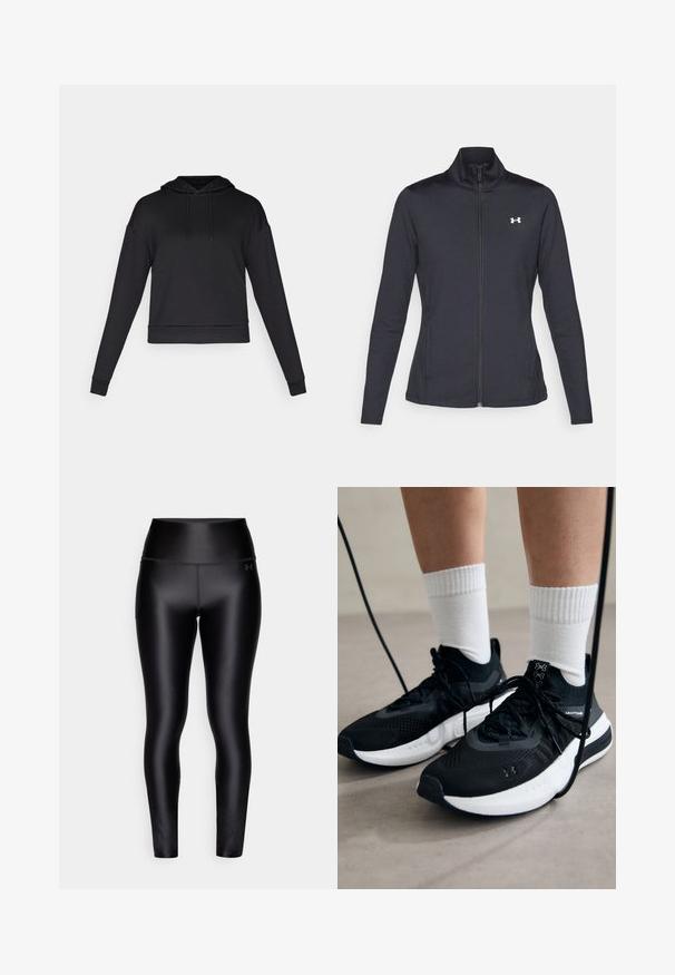 Giacca sportiva nera realizzata in tessuto morbido ed elasticizzato, con colletto alto e zip completa, caratterizzata da un piccolo logo bianco sul lato sinistro superiore.; Felpa nera con cappuccio, realizzata in un tessuto morbido. Presenta maniche lunghe, una tasca frontale e orlo a coste. Nessun motivo o hardware visibile.; Leggings neri a vita alta realizzati in materiale liscio e elastico. Presentano una tasca laterale e un logo discreto sulla cintura.; Scarpe sportive nere con tessuto testurizzato, suola bianca e lacci neri. Indossate con calzini bianchi a costine, in piedi su una superficie chiara.