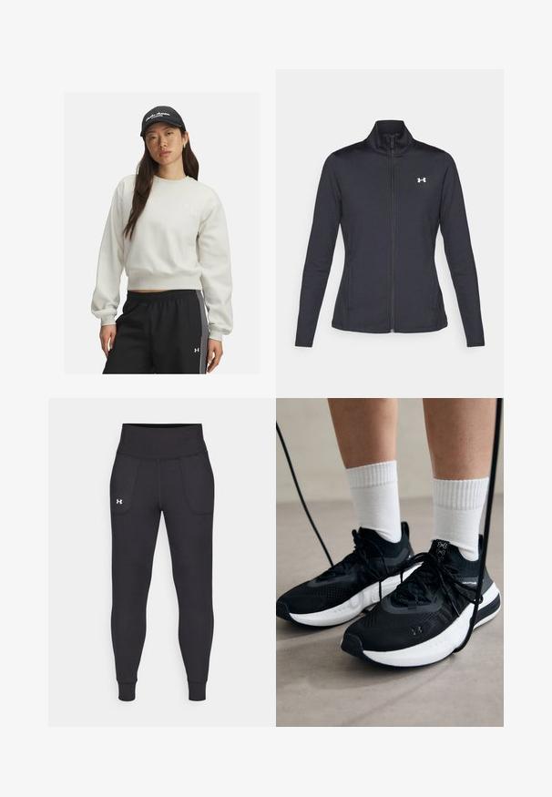 Sort atletisk jakke lavet af glat, strækbart stof med høj krave og fuld lynlås, der har et lille hvidt logo på den øverste venstre side.; Lys grå sweatshirt med ribbede ærmer og kant, med et lille hvidt logo på brystet. Sammen med sorte træningsbukser med side-striber.; Sorte atletiske leggings lavet af strækbart materiale, med høj talje, sidelommer og tætsiddende manchetter ved anklerne.; Sorte sportssko med tekstureret stof, hvid sål og sorte snørebånd. Båret med hvide ribbede sokker, stående på en lys overflade.