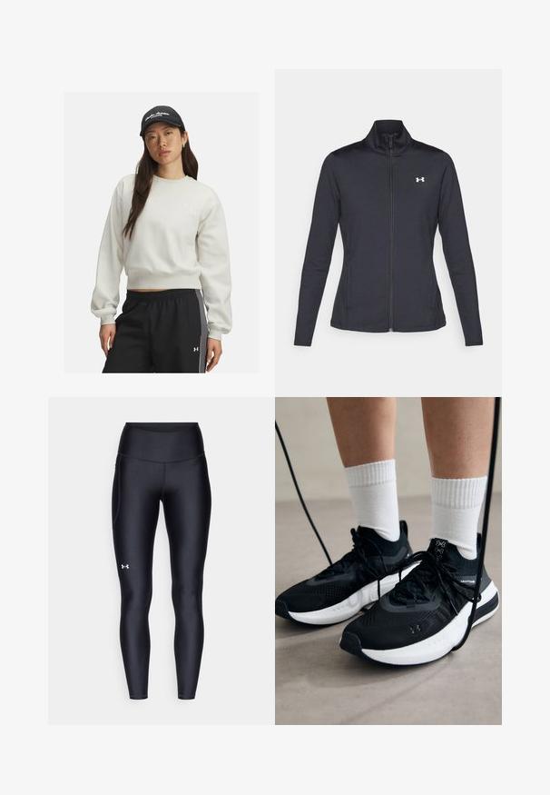 Juodas sportinis švarkas, pagamintas iš lygios, elastingos medžiagos, su aukštu apykakle ir pilnu užtrauktuku, su maža balta logo kairiajame viršutiniame kampe.; Šviesiai pilkas sportinis bliuzonas su raštuotomis rankovėmis ir apačia, ant krūtinės puikuojasi mažas baltas logotipas. Papildytas juodomis sportinėmis kelnėmis su šoninėmis juostelėmis.; Juodos leggingai, pagaminti iš lygaus, elastingo audinio su aukštu juosmeniu. Kairiajame šlaunyje yra baltas logotipas ir tvirta konstrukcija.; Juodi sportiniai batai su tekstūruotu audiniu, balta padu ir juodais raiščiais. Dėvimi su baltais raištiniais kojiniais, stovint lengvame paviršiuje.