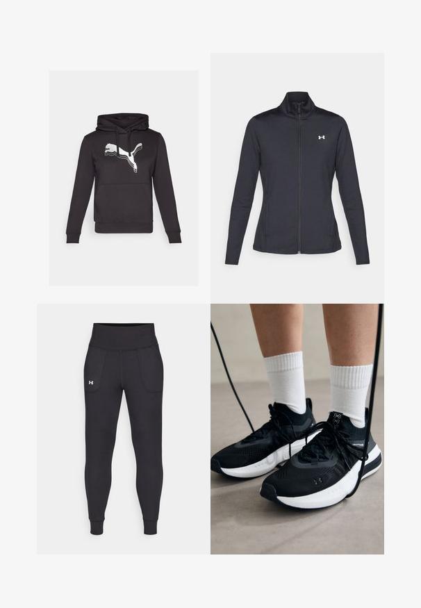 Jachetă sport neagră realizată dintr-un material neted și elastic, cu guler înalt și fermoar complet, având un mic logo alb în colțul din stânga sus.; Hanorac negru din material moale, cu o măsuță în față, glugă cu șnur și un grafic alb cu logo-ul Puma pe piept.; Leggings negre atletice realizate dintr-un material elastic, cu talie înaltă, buzunare pe lateral și manșete ajustate la gleznă.; Căști atletice negre cu țesătură texturată, talpă albă și șireturi negre. Purtați cu șosete albe cu riflaje, stând pe o suprafață deschisă.