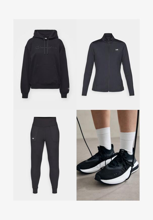 Čierna športová bunda vyrobená z hladkého, elastického materiálu s vysokým golierom a plným zipsom, s malým bielym logom na hornej ľavej strane.; Champion ICONS HOODIE TONAL LOGO LARGE - Mikina - black; Čierne športové legíny vyrobené z elastického materiálu, s vysokým pásom, bočnými vreckami a priliehajúcimi manžetami na členkoch.; Čierne športové topánky s textúrovanou tkaninou, bielou podrážkou a čiernymi šnúrkami. Nosené s bielymi rebrovanými ponožkami, postavené na svetlom povrchu.