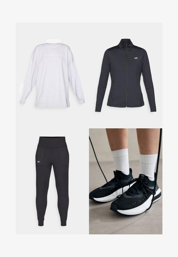 Black athletic jacket made of smooth, stretchy fabric with a high collar and full zipper, featuring a small white logo on the upper left side.; White oversized sweatshirt with long sleeves, round neckline, and printed "ATHLEISURE" text in subtle gray across the chest. Soft fabric texture.; Black athletic leggings made from stretchy material, featuring a high waistband, side pockets, and fitted cuffs at the ankle.; Black athletic shoes with textured fabric, white sole, and black laces. Worn with white ribbed socks, standing on a light surface.