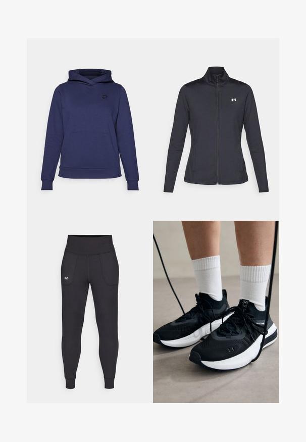 Chaqueta deportiva negra hecha de una tela suave y elástica, con cuello alto y cremallera completa, que presenta un pequeño logo blanco en la parte superior izquierda.; Sudadera azul marino hecha de tela suave, con un bolsillo canguro en la parte delantera, puños acanalados y un pequeño logo en el pecho.; Leggings deportivos negros hechos de material elástico, con una cintura alta, bolsillos laterales y puños ajustados en el tobillo.; Zapatillas deportivas negras con tela texturizada, suela blanca y cordones negros. Llevadas con calcetines blancos de canalé, de pie sobre una superficie clara.