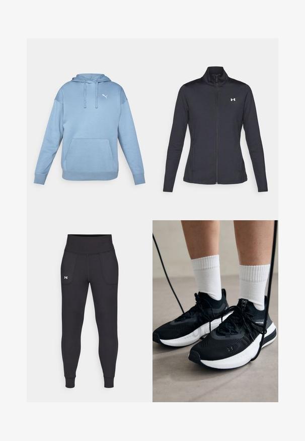 Črna atletska jakna iz gladkega, raztegljivega blaga z visokim ovratnikom in polnim zadrgo, ki ima majhen bel logotip na zgornji levi strani.; Svetlo modra kapuca iz mehkega blaga, ki ima sprednjo kenguru žep, kapuco s vrvico in majhen bel logotip na prsih.; Črne atletske legice iz raztegljivega materiala, ki imajo visok pas, stranske žepke in tesne manšete pri gležnjih.; Črne športne čevlje z strukturirano tkanino, belo podplatom in črnimi vezalkami. Nosi se z belimi rebrastimi nogavicami, stoje na svetli površini.