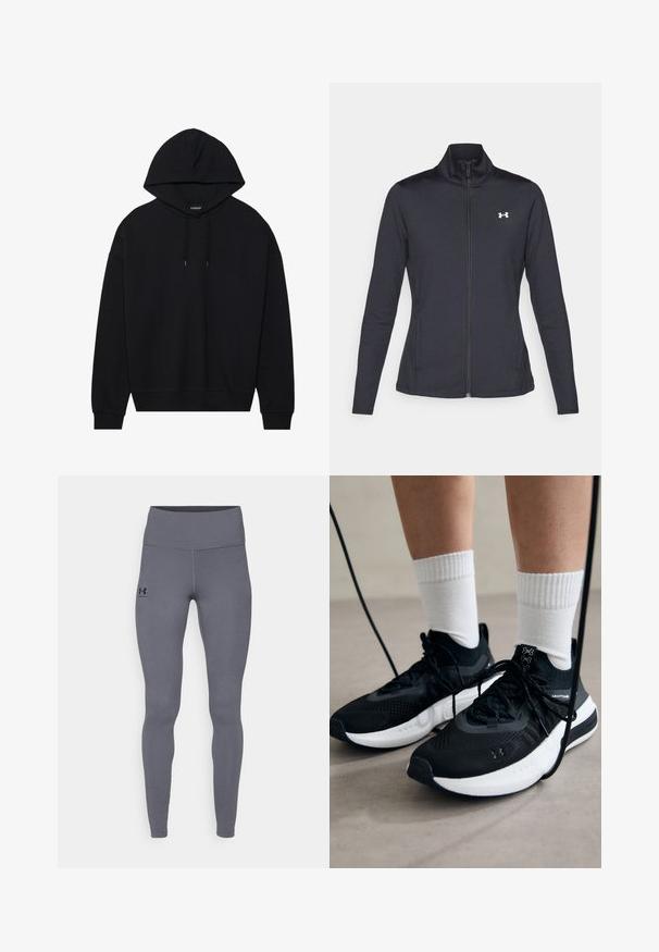 Casaco atlético preto feito de um tecido liso e elástico, com gola alta e zíper completo, apresentando um pequeno logótipo branco no canto superior esquerdo.; Sweatshirt preto com capuz, feito de algodão, apresentando um fecho com cordão, mangas longas e punhos e bainha canelados. Acabamento liso, de cor sólida.; Leggings atléticos cinzas feitos de um material liso e elástico. Cintura alta e pernas ajustadas. Logotipo preto no quadril esquerdo. Sem costuras visíveis.; Sapatilhas desportivas pretas com tecido texturizado, sola branca e atacadores pretos. Usadas com meias brancas caneladas, a pé sobre uma superfície clara.