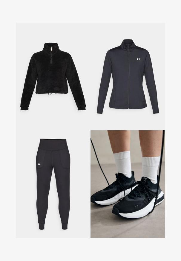 Giacca sportiva nera realizzata in tessuto morbido ed elasticizzato, con colletto alto e zip completa, caratterizzata da un piccolo logo bianco sul lato sinistro superiore.; Pullover in pile nero con colletto alto, mezza cerniera e fondo regolabile. Presenta una superficie morbida e texturizzata e maniche lunghe.; Leggings atletici neri realizzati in materiale elastico, con un alto giro vita, tasche laterali e polsini aderenti alla caviglia.; Scarpe sportive nere con tessuto testurizzato, suola bianca e lacci neri. Indossate con calzini bianchi a costine, in piedi su una superficie chiara.
