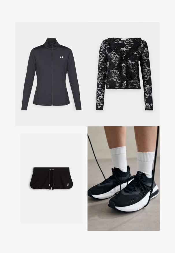 Black athletic jacket made of smooth, stretchy fabric with a high collar and full zipper, featuring a small white logo on the upper left side.; Black lace cardigan with long sleeves, floral patterns, ruffled collar, open front design, and tie detail at the neckline.; Black cotton t-shirt featuring a large gray star graphic with a splatter effect. Text reads "Dream Big Shine Bright" above and "Cosmic Couture" below.; Black shorts made from soft fabric, featuring a drawstring waist, side slits, and a small embroidered logo on the front.; Black athletic shoes with textured fabric, white sole, and black laces. Worn with white ribbed socks, standing on a light surface.