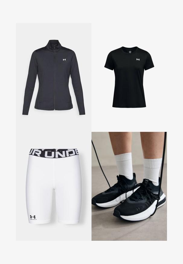 Musta urheilutakki, joka on valmistettu sileästä ja joustavasta kankaasta. Takissa on korkea kaulus ja täysipitkä vetoketju, sekä pieni valkoinen logo vasemmalla ylhäällä.; Musta lyhythihainen t-paita, joka on valmistettu sileästä ja kevyestä kankaasta. Ominaisuuksiin kuuluu ympäri kaula-aukko ja pieni valkoinen logo vasemmassa rinnassa.; Under Armour AUTHENTICS SHORT - Trikoot - white/black; Mustat urheilukengät, joissa on teksturoitua kangasta, valkoiset pohjat ja mustat nauhat. Yhdistetty valkoisten urheilusukkien kanssa, seisten vaalealla pinnalla.
