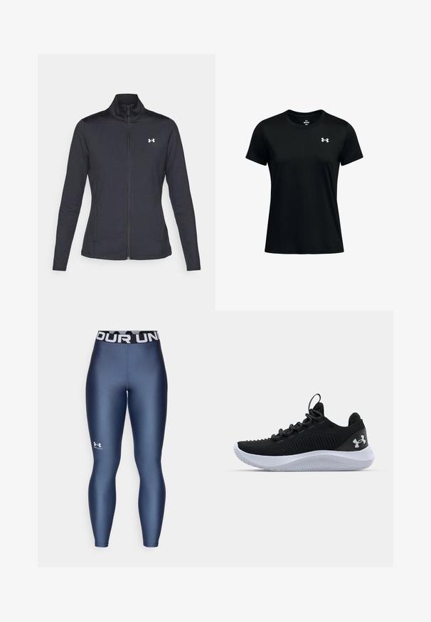 Zwarte sportjack gemaakt van glad, rekbaar materiaal met een hoge kraag en een volledige ritssluiting, met een klein wit logo op de bovenste linkerkant.; Zwart t-shirt met korte mouwen van glad, lichtgewicht materiaal. Heeft een ronde hals en een klein wit logo op de linkerborst.; Navyblauwe strakke leggings met een gladde textuur, een elastische tailleband met "UNDER ARMOUR" in het wit, en logo-detail op het onderbeen.; Zwarte sportieve schoenen met een ademende mesh bovenkant, een gestructureerd ontwerp en een witte rubberen zool. Voorzien van platte veters en een trekbandje aan de hiel.