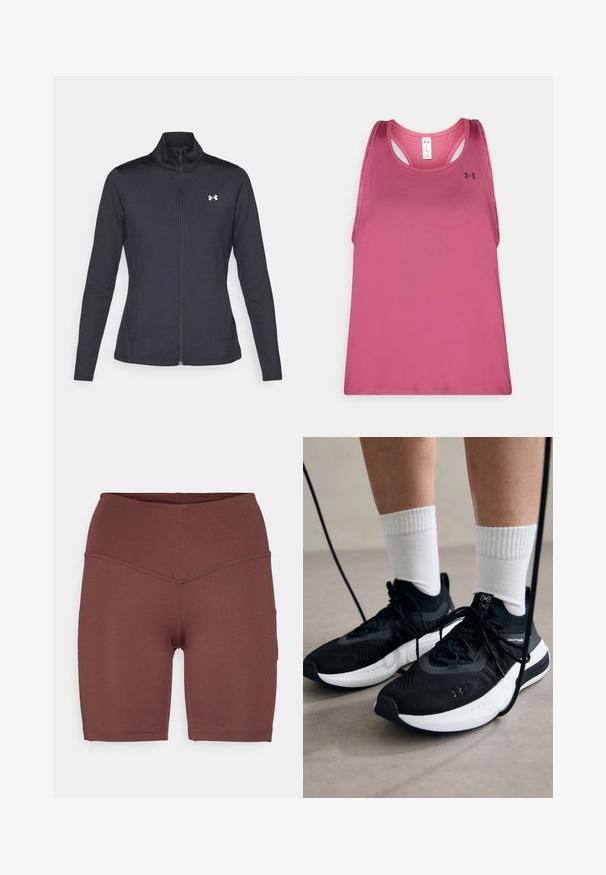 Giacca sportiva nera realizzata in tessuto morbido ed elasticizzato, con colletto alto e zip completa, caratterizzata da un piccolo logo bianco sul lato sinistro superiore.; Top sportivo senza maniche rosa con una trama liscia, caratterizzato da un colletto rotondo, design racerback e logo del marchio sulla parte anteriore sinistra.; Shorts da bicicletta marroni scuri, a vita alta, realizzati in materiale elasticizzato, con una texture liscia e un design aderente che include tasche laterali.; Scarpe sportive nere con tessuto testurizzato, suola bianca e lacci neri. Indossate con calzini bianchi a costine, in piedi su una superficie chiara.