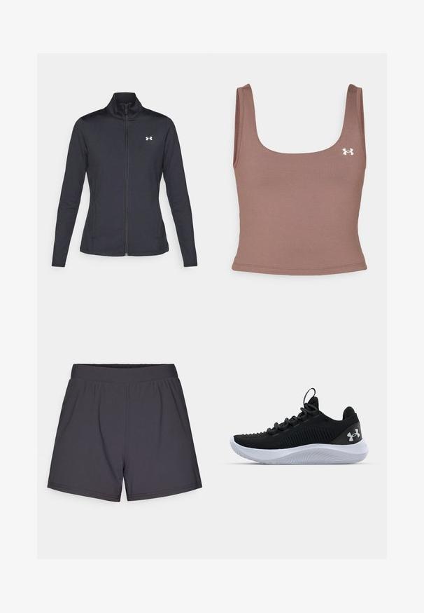 Juodas sportinis švarkas, pagamintas iš lygios, elastingos medžiagos, su aukštu apykakle ir pilnu užtrauktuku, su maža balta logo kairiajame viršutiniame kampe.; Rudas trumpas marškinėliai su kvadratiniu iškirpimu, pagaminti iš minkštos, tamprios medžiagos. Kairėje pusėje yra mažas baltas logotipas.; Juodi sportiniai šortai, pagaminti iš lengvos, elastingos medžiagos. Dėl elastingos juostos ir paprasto, nepuošto dizaino.; Juodi sportiniai batai su kvėpuojančia tinkline viršutine dalimi, tekstūruotais akcentais ir balto gumos padu. Yra lygios raišteliai ir užkulnio kilpa.