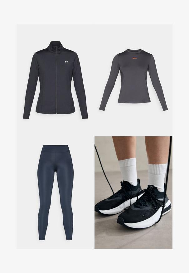 Fekete sportos dzseki sima, rugalmas anyagból, magas gallérral és teljes cipzárral, az elülső bal oldalon egy kis fehér logóval.; Hosszú ujjú sportpóló sötétszürke színben, sima textúrával és kerek nyakkivágással, a mellkasán egy kisméretű narancssárga "BORG" logóval.; Tengerészkék leggings, rugalmas anyagból készült, magas derekú és sima tapintású. Az oldalán lévő nyomott minta kiemeli a lábszár alsó részét.; Fekete sportcipők textúrált anyagból, fehér talppal és fekete fűzőkkel. Fehér bordázott zoknikkal viselve, világos felületen állva.