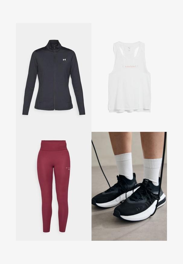 Veste de sport noire en tissu lisse et extensible avec un col montant et une fermeture éclair intégrale, arborant un petit logo blanc sur le côté supérieur gauche.; Débardeur de sport blanc avec un col rond, un dos nageur, et le texte « PUSHING THE PACE » en rose sur la poitrine.; Leggings bordeaux fabriqués à partir d'un tissu extensible, avec une taille haute, une coupe ajustée, présentant un petit logo imprimé sur la cuisse gauche.; Chaussures de sport noires en tissu texturé, avec une semelle blanche et des lacets noirs. Portées avec des chaussettes blanches côtelées, debout sur une surface claire.